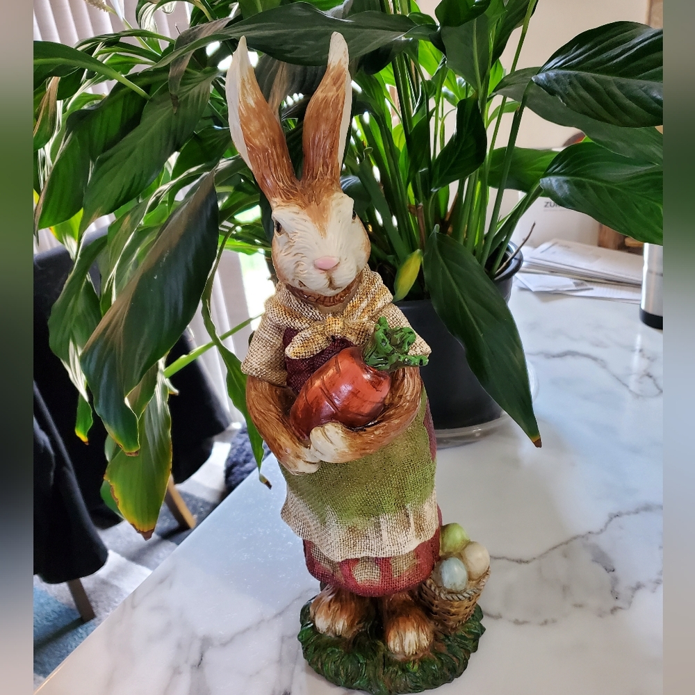 Rabbit Figurine with Carrot and Basket of Easter Eggs